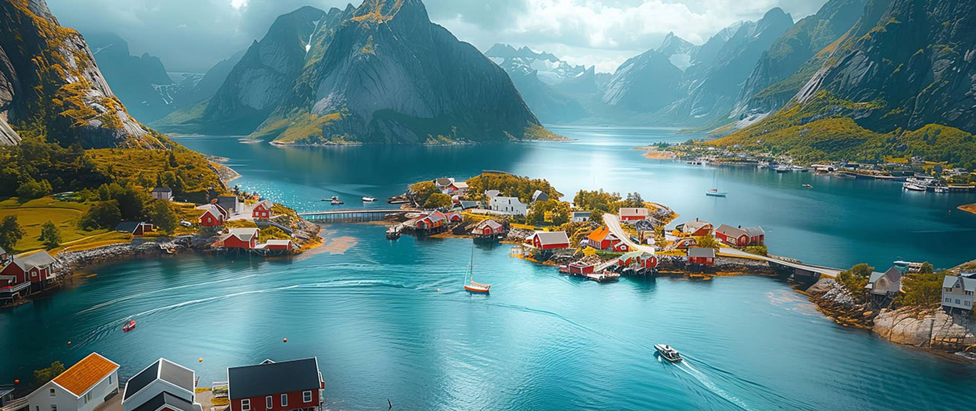 Norwegische Fjorde mit schneebedeckten Bergen und traditionellen Fischerdörfern