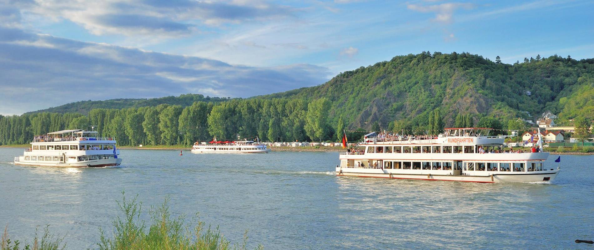 Flusskreuzfahrtschiff auf einem ruhigen Fluss mit Weinbergen und Burgen am Ufer